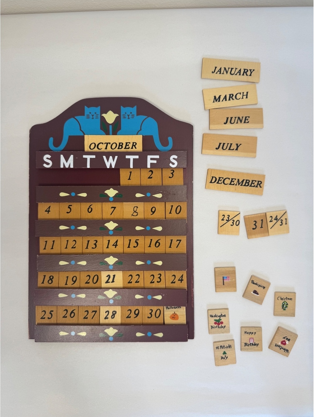 Vintage Wooden Perpetual Wall Calendar Blue Cats Folk Art 1980s Cottagecore